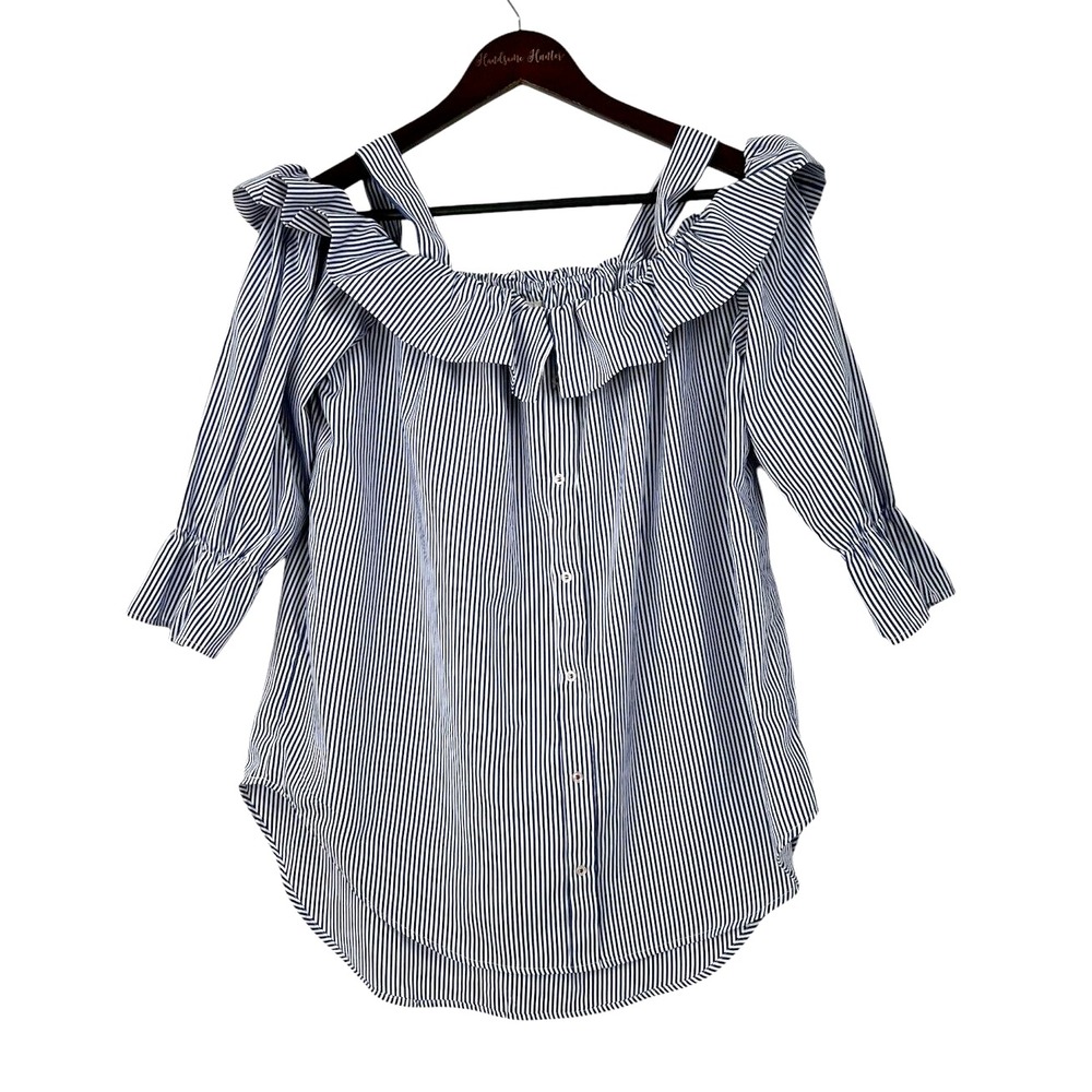 Janet Chung Womens Size L  Blouse Blue White Striped Off Shoulder Ruffle Top H2